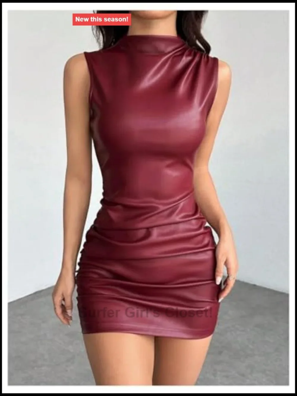 Y2K Sleeveless Ruched PU Leather Mini Dress Mock Neck Bodycon Streetwear